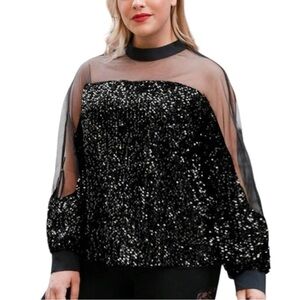 Nine West long sleeve sequins black sheer mesh top tunic